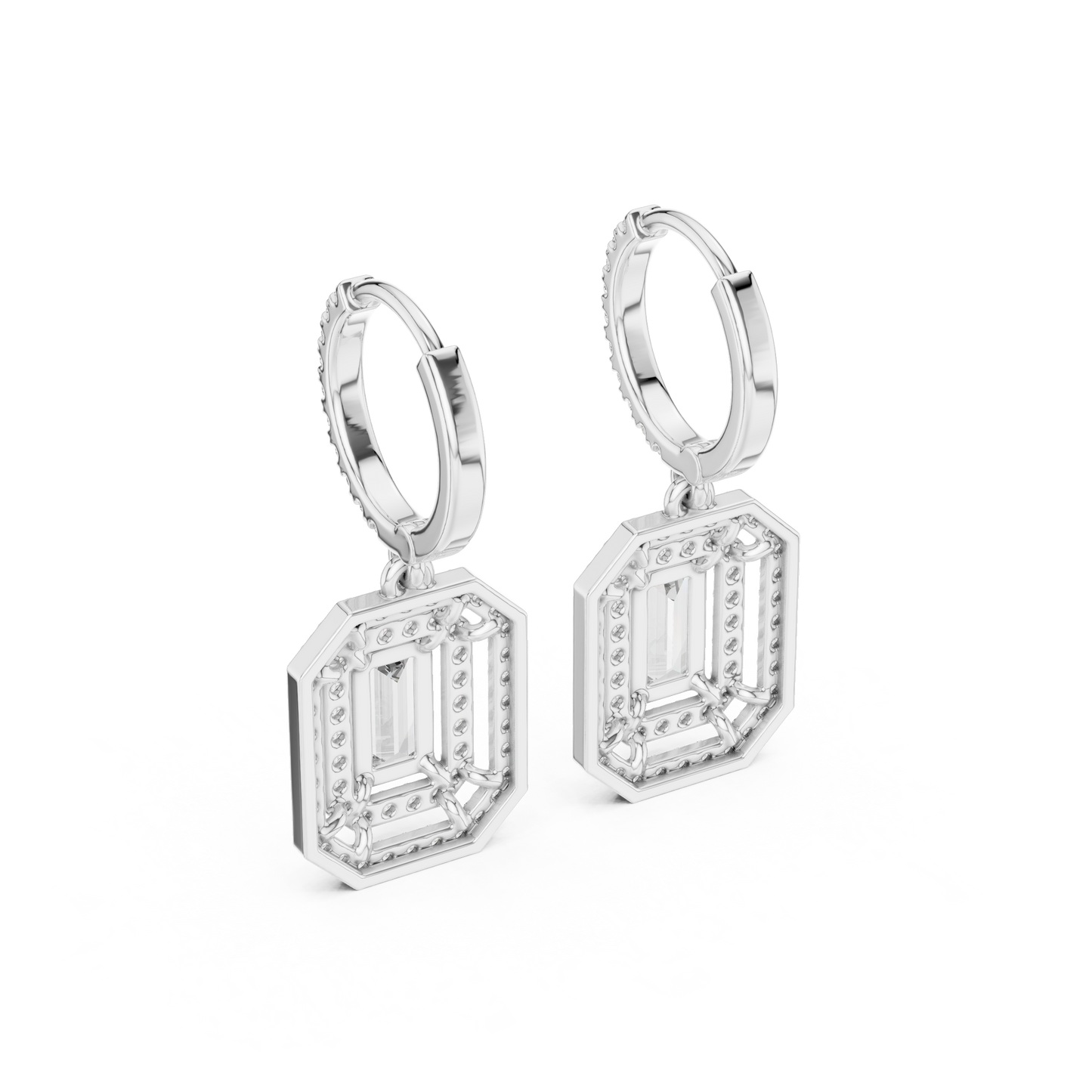Lab Diamond Double Halo Buguette Cut Hoop Earrings