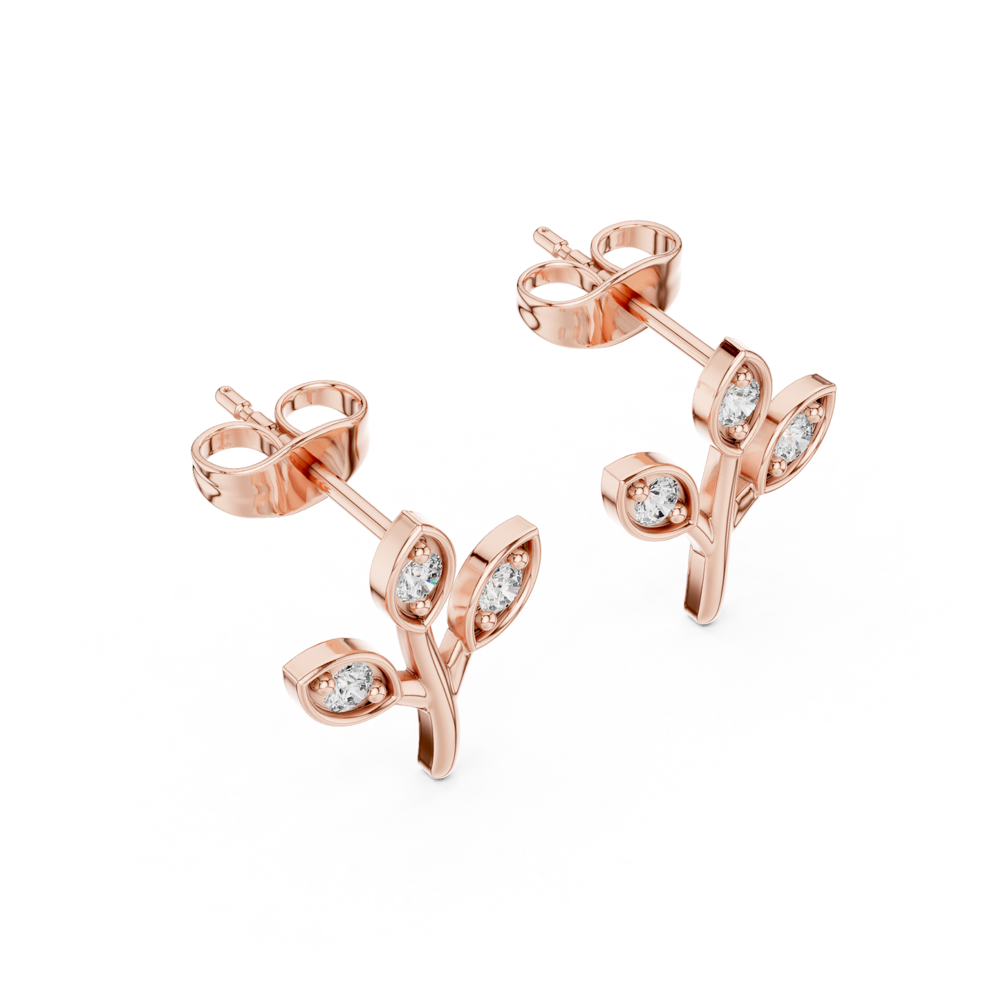 Leaf Shaped Stud Earrings With Round Diamond