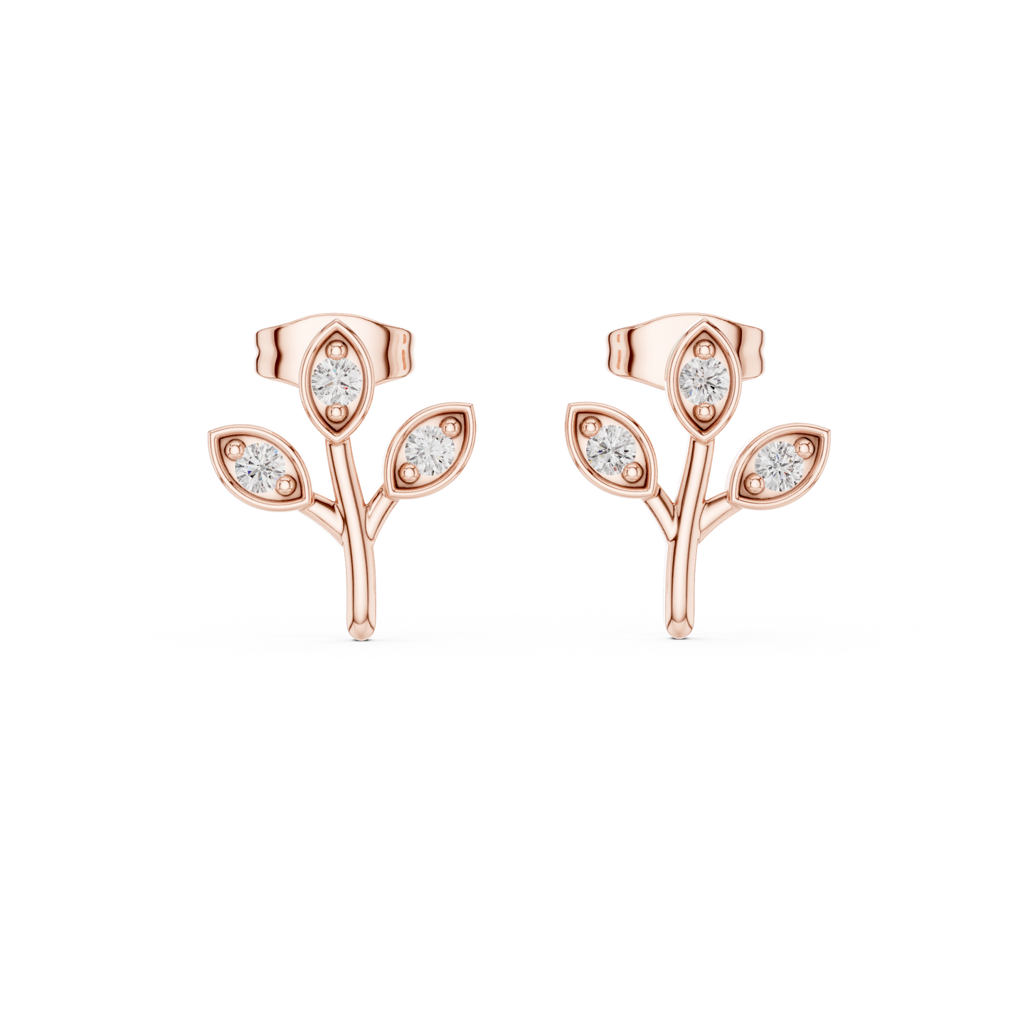 Leaf Shaped Stud Earrings With Round Diamond
