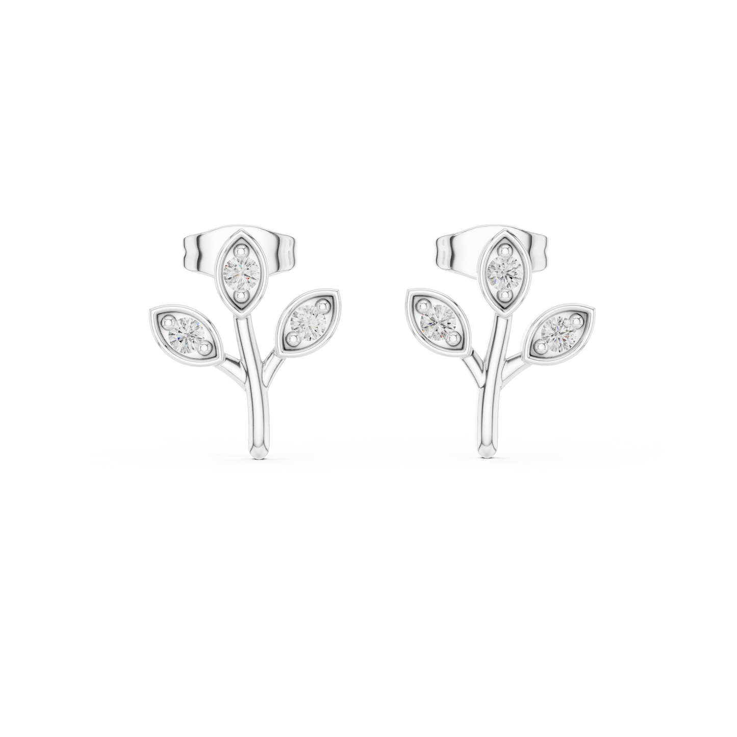 Leaf Shaped Stud Earrings With Round Diamond