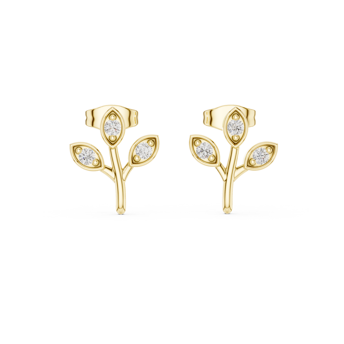 Leaf Shaped Stud Earrings With Round Diamond