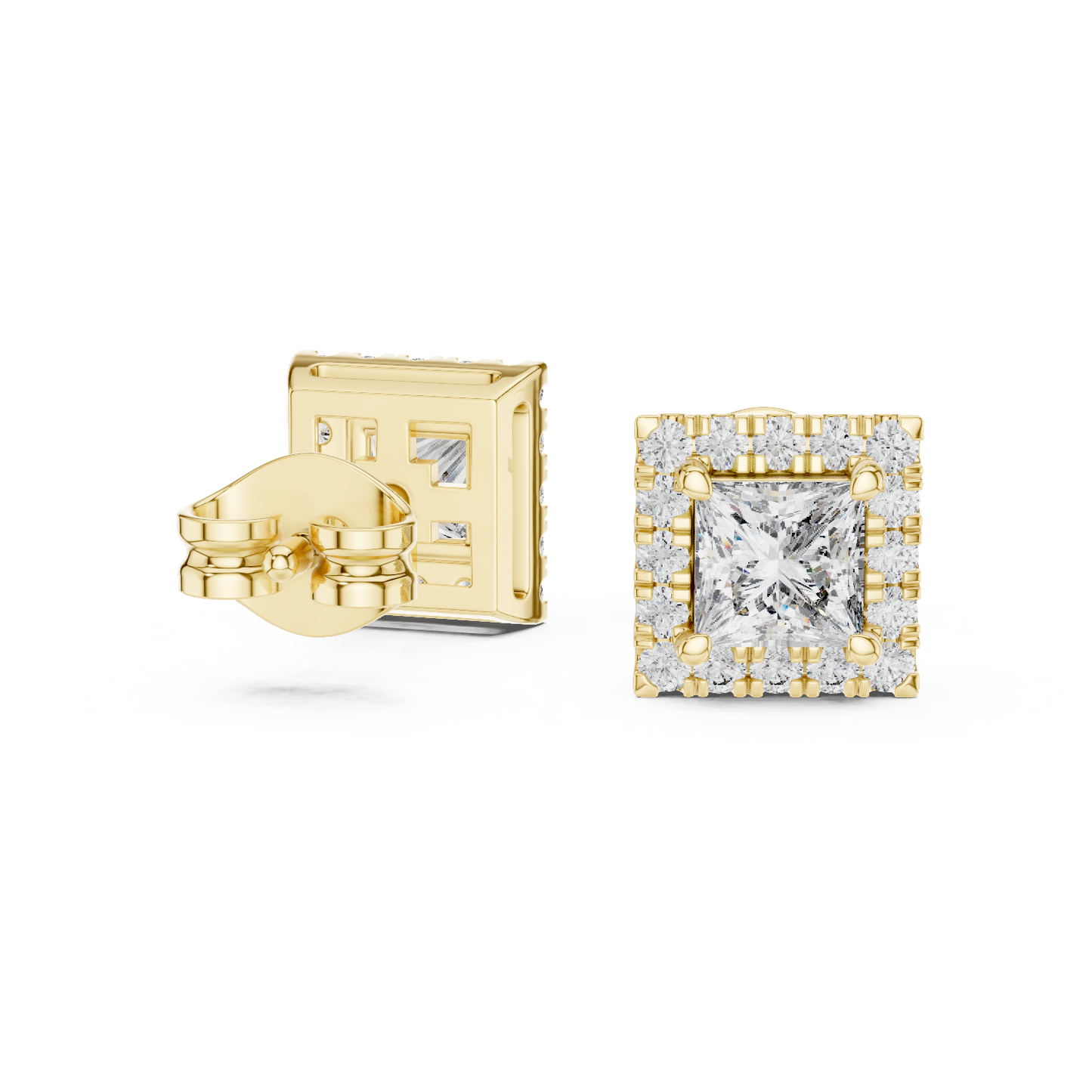 1 Carat Princess Cut Diamond Halo Stud Earrings