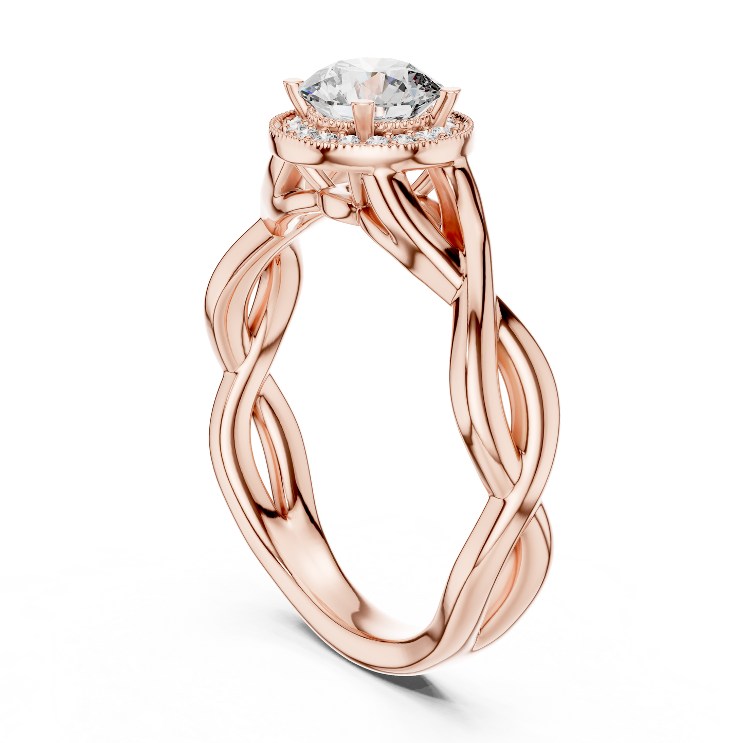 Round Cut Halo Diamond Ring with Twisted Shank