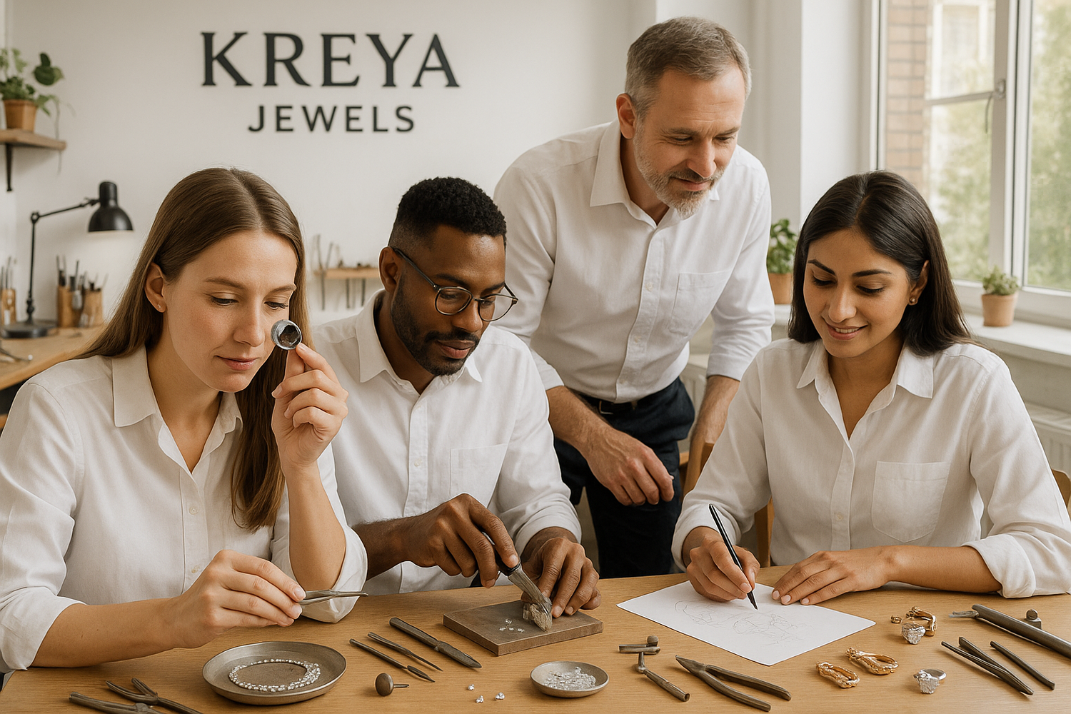 about us for kreya jewels - light themed team image with working on jewelry