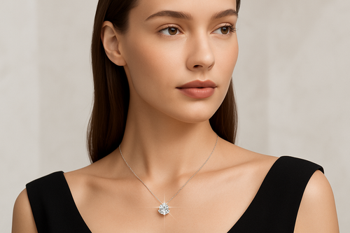 Elegant portrait of a model wearing a lab-grown diamond pendant necklace. Focus on the neckline and pendant sparkle with sharp highlights. Keep the background light and minimal, with a soft gradient or abstract neutral pattern. Premium, minimal, and timeless luxury feel.