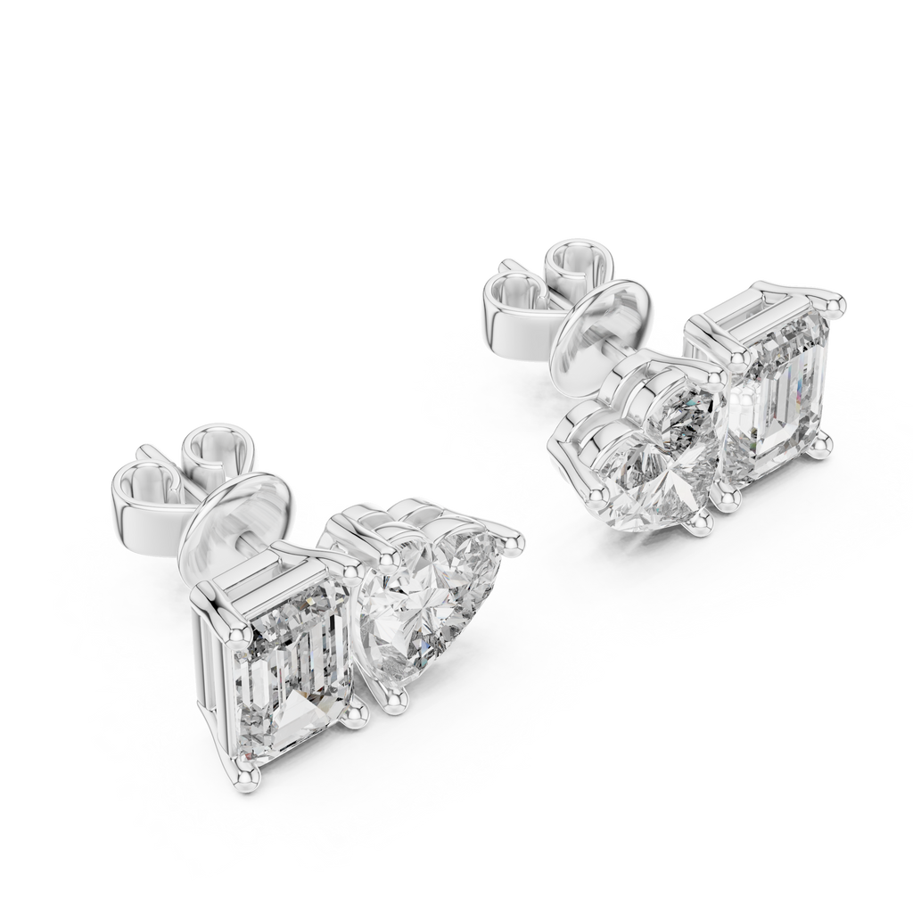 Heart And Emerald Cut Lab Diamond Stud Earrings