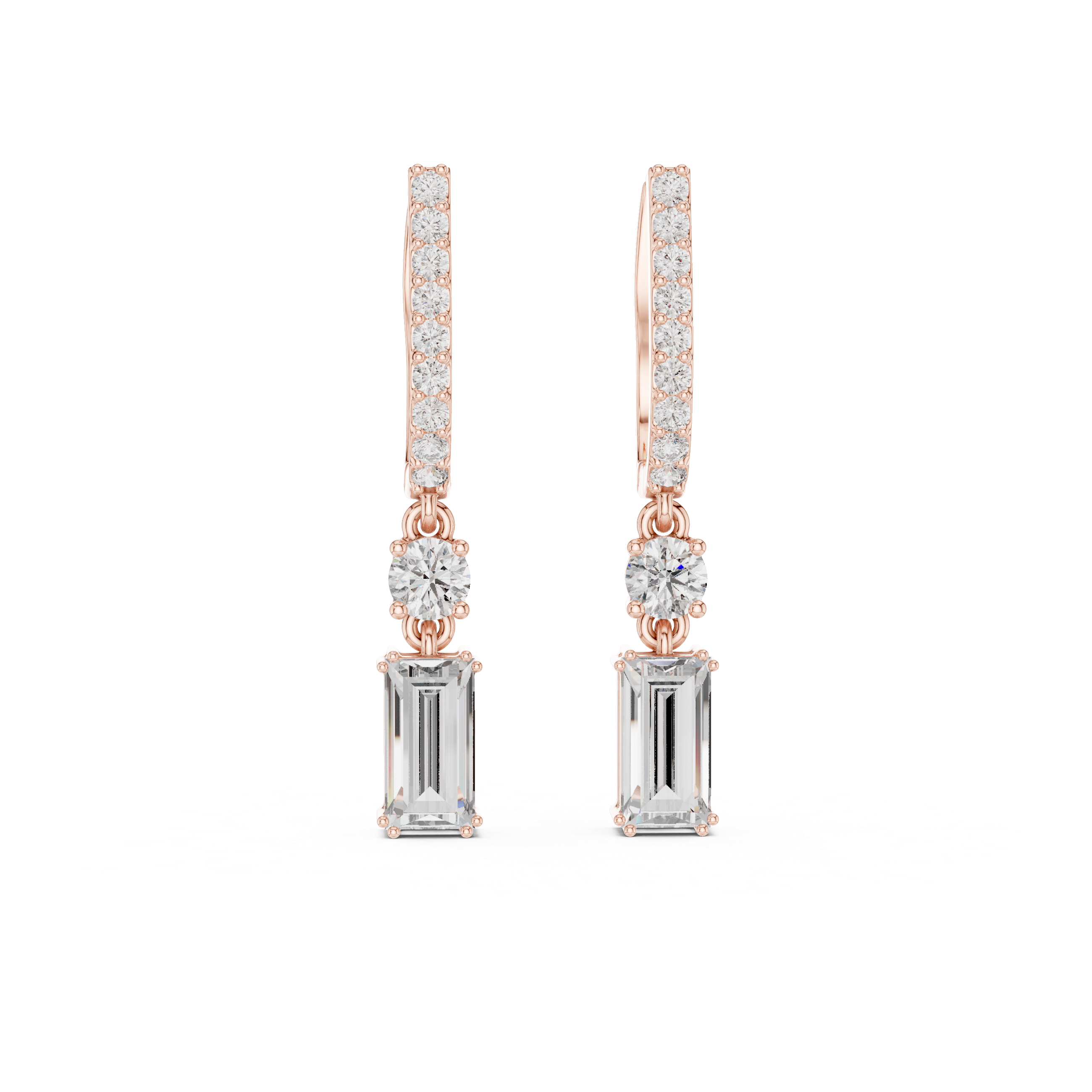 Baguette And Round Cut Lab Diamond Drop Earrings