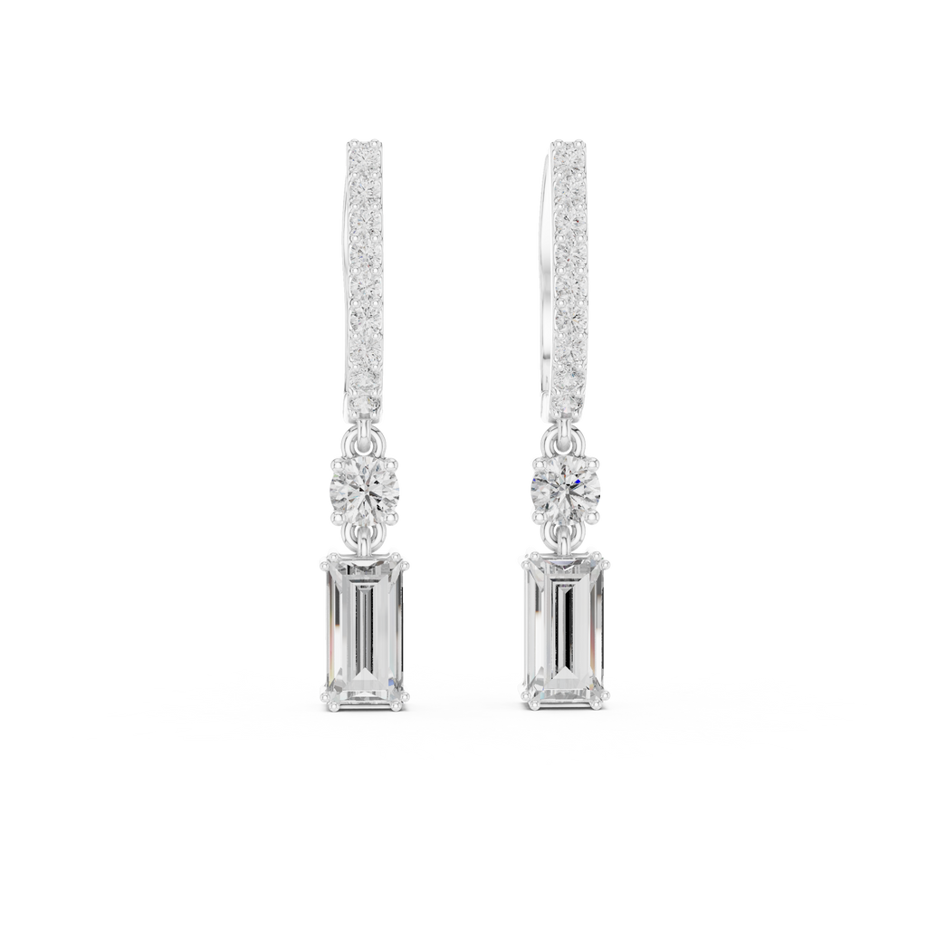 Baguette And Round Cut Lab Diamond Drop Earrings