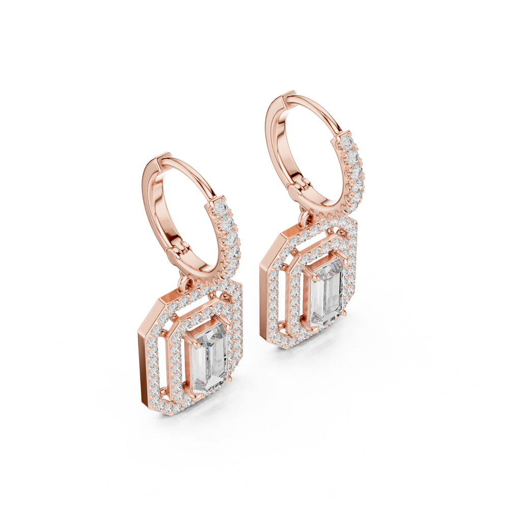 Lab Diamond Double Halo Buguette Cut Hoop Earrings