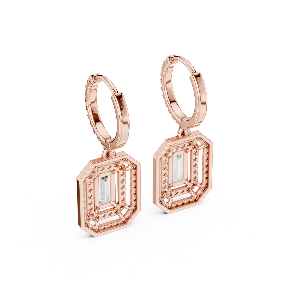Lab Diamond Double Halo Buguette Cut Hoop Earrings