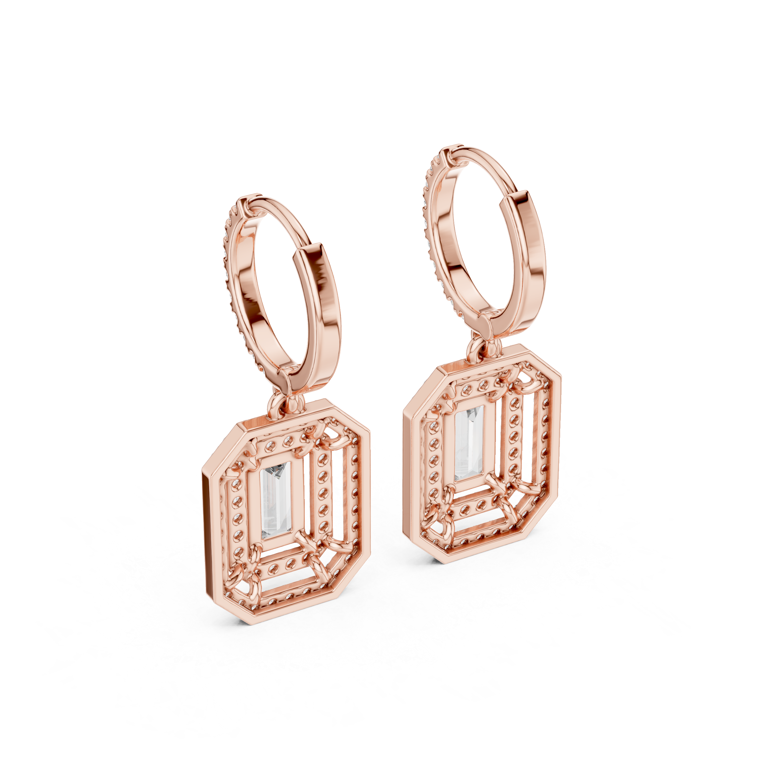 Lab Diamond Double Halo Buguette Cut Hoop Earrings