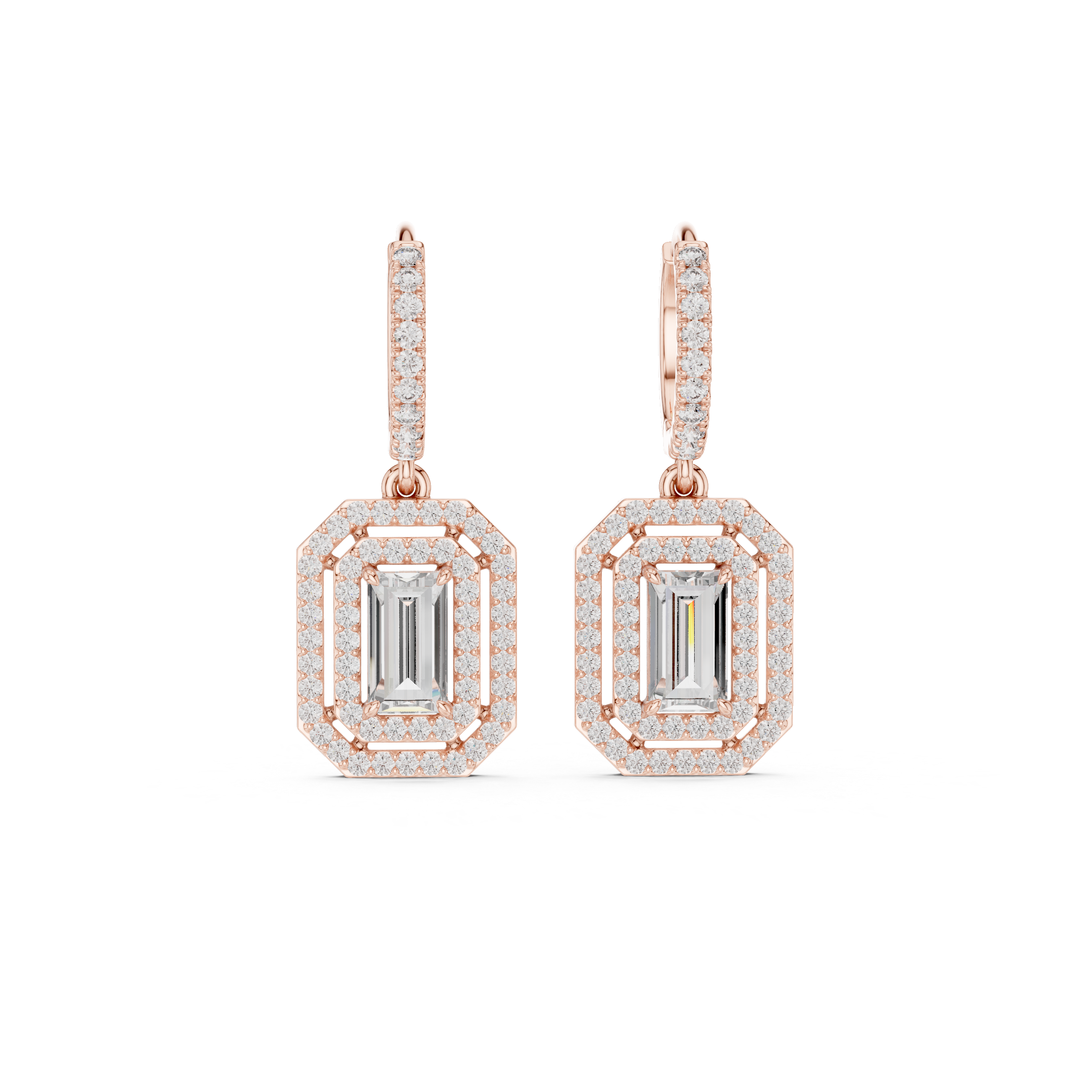 Lab Diamond Double Halo Buguette Cut Hoop Earrings