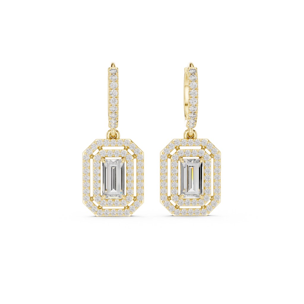 Lab Diamond Double Halo Buguette Cut Hoop Earrings