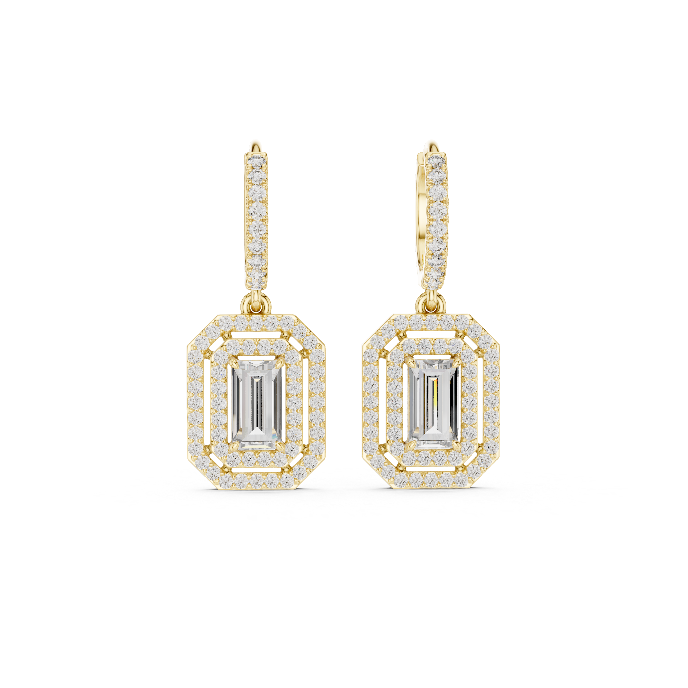 Lab Diamond Double Halo Buguette Cut Hoop Earrings