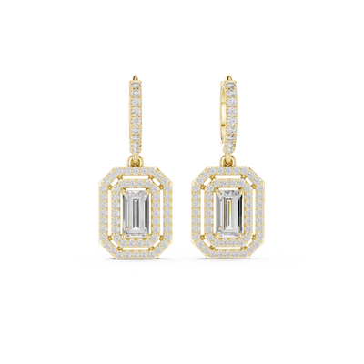 Lab Diamond Double Halo Buguette Cut Hoop Earrings