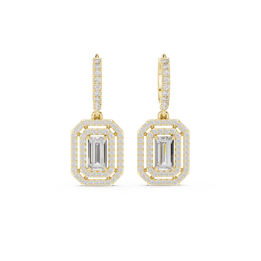 Lab Diamond Double Halo Buguette Cut Hoop Earrings