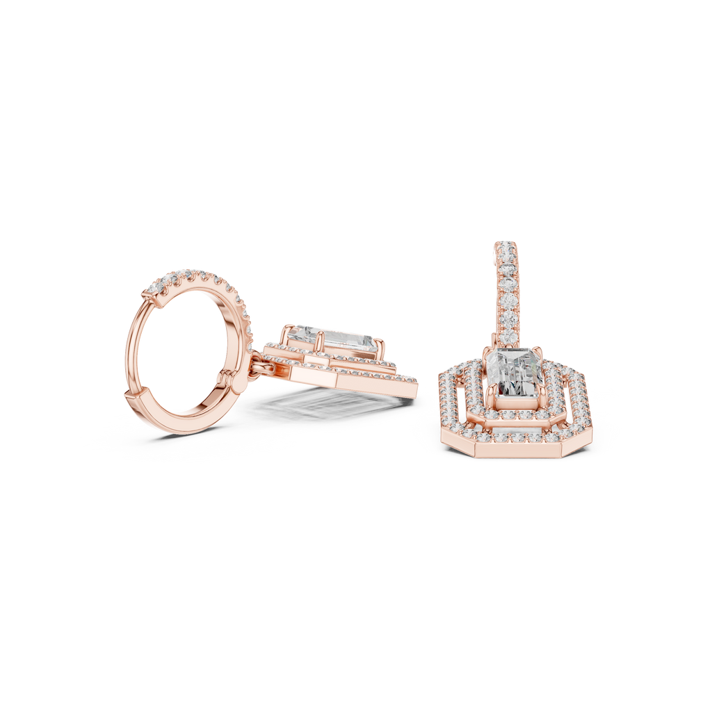 Lab Diamond Double Halo Buguette Cut Hoop Earrings