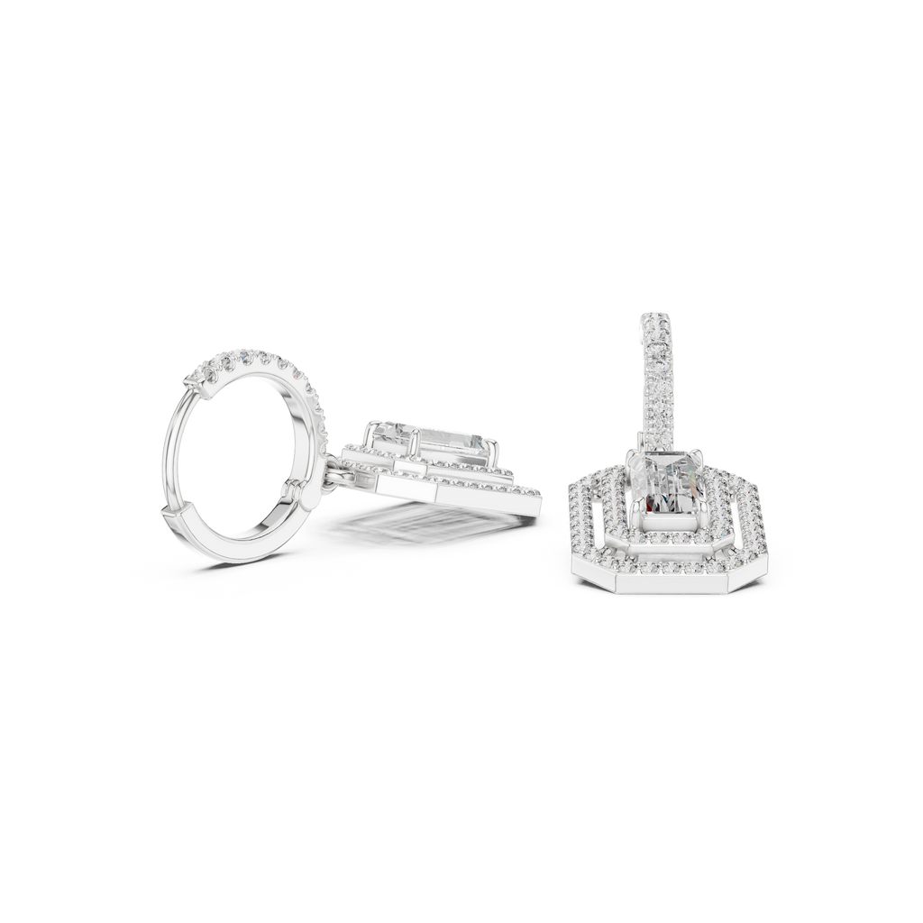 Lab Diamond Double Halo Buguette Cut Hoop Earrings