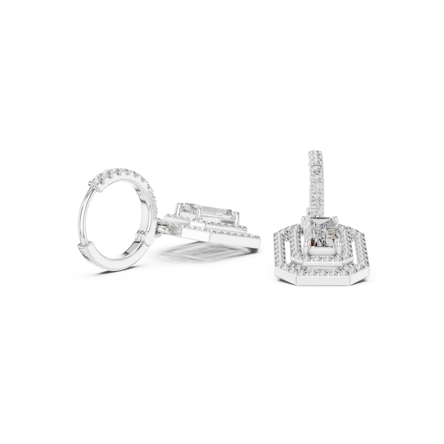 Lab Diamond Double Halo Buguette Cut Hoop Earrings