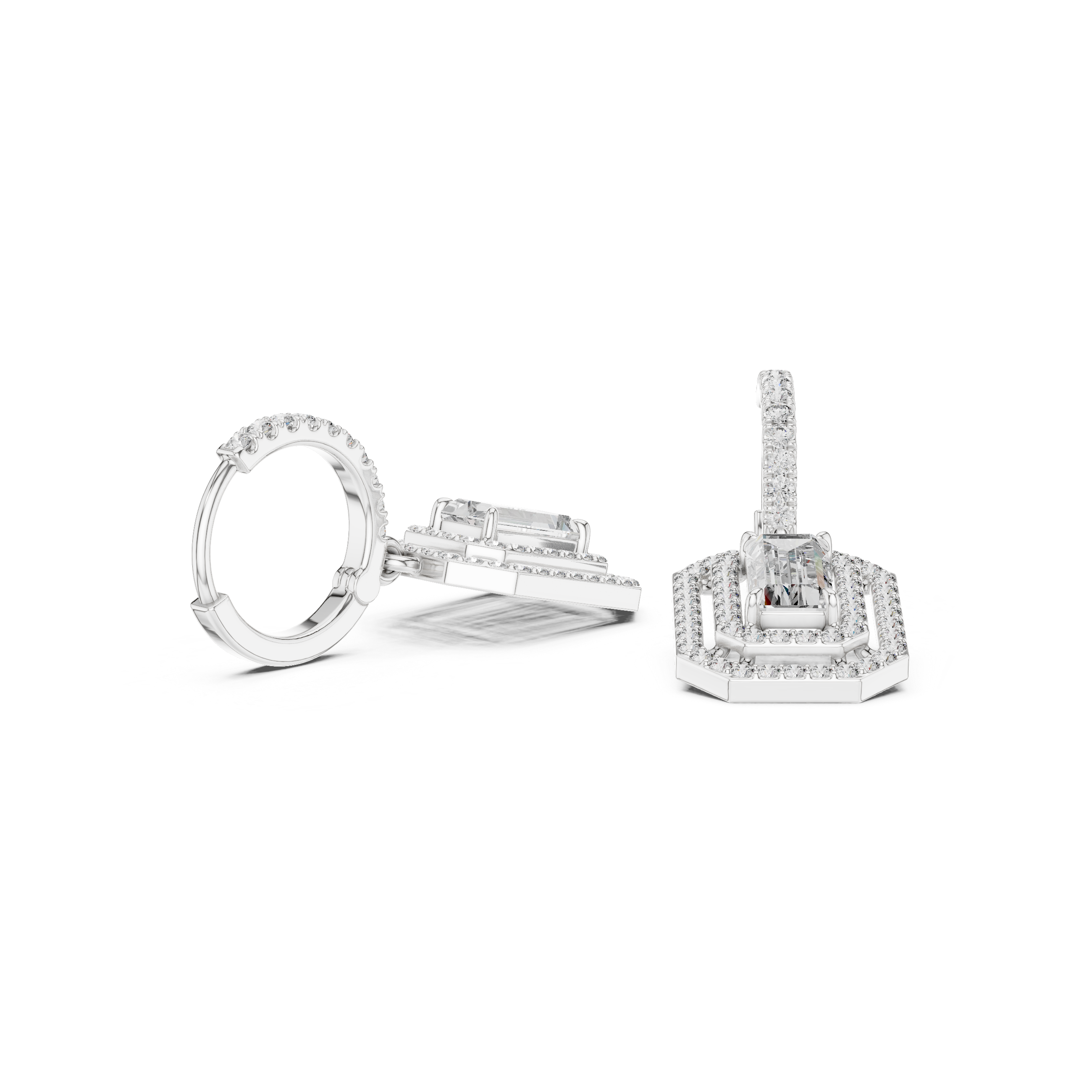 Lab Diamond Double Halo Buguette Cut Hoop Earrings