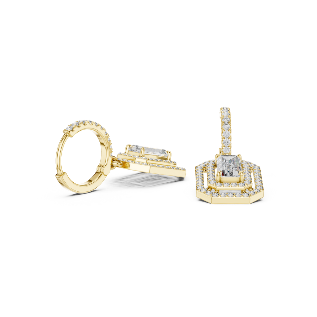 Lab Diamond Double Halo Buguette Cut Hoop Earrings