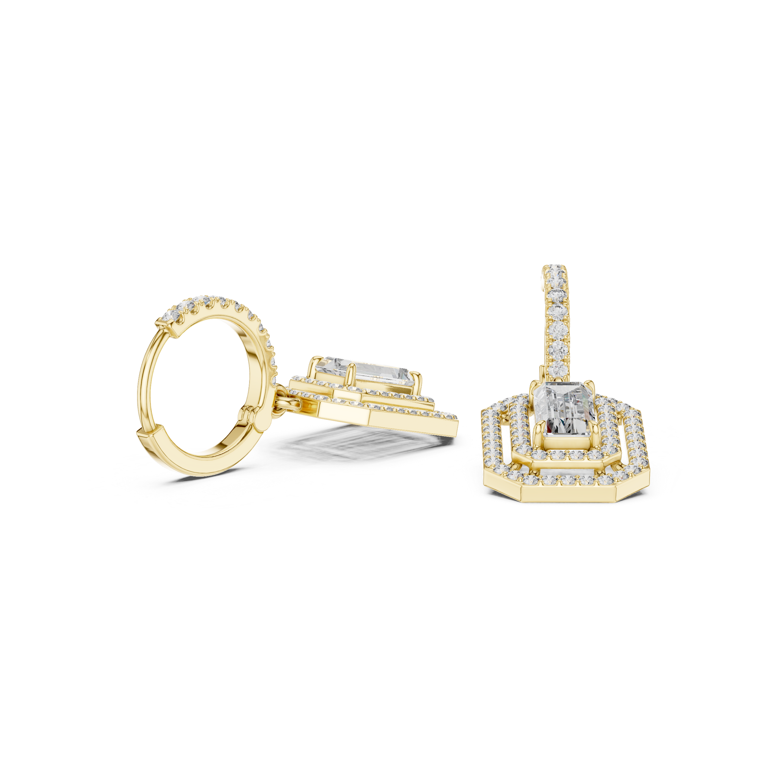 Lab Diamond Double Halo Buguette Cut Hoop Earrings