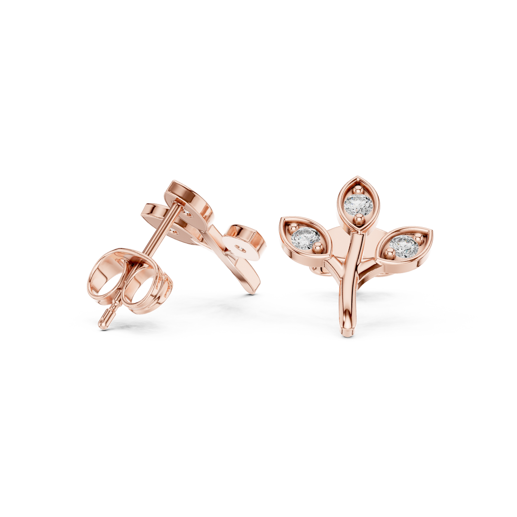 Leaf Shaped Stud Earrings With Round Diamond