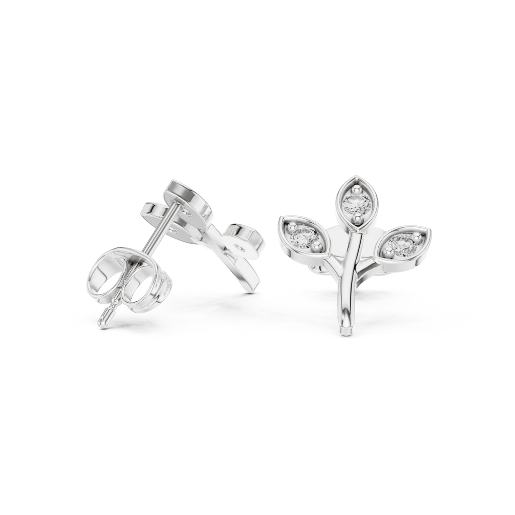 Leaf Shaped Stud Earrings With Round Diamond