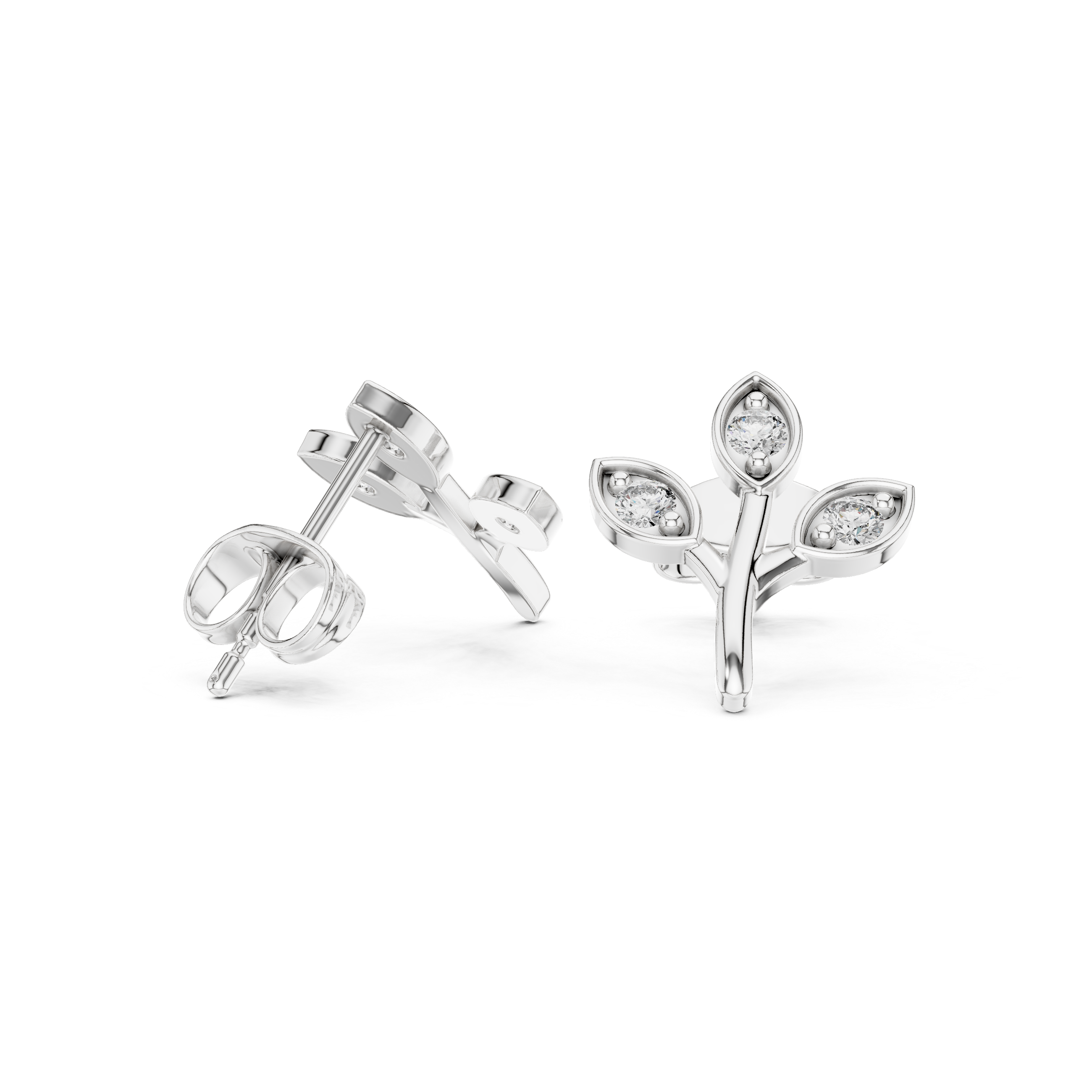 Leaf Shaped Stud Earrings With Round Diamond
