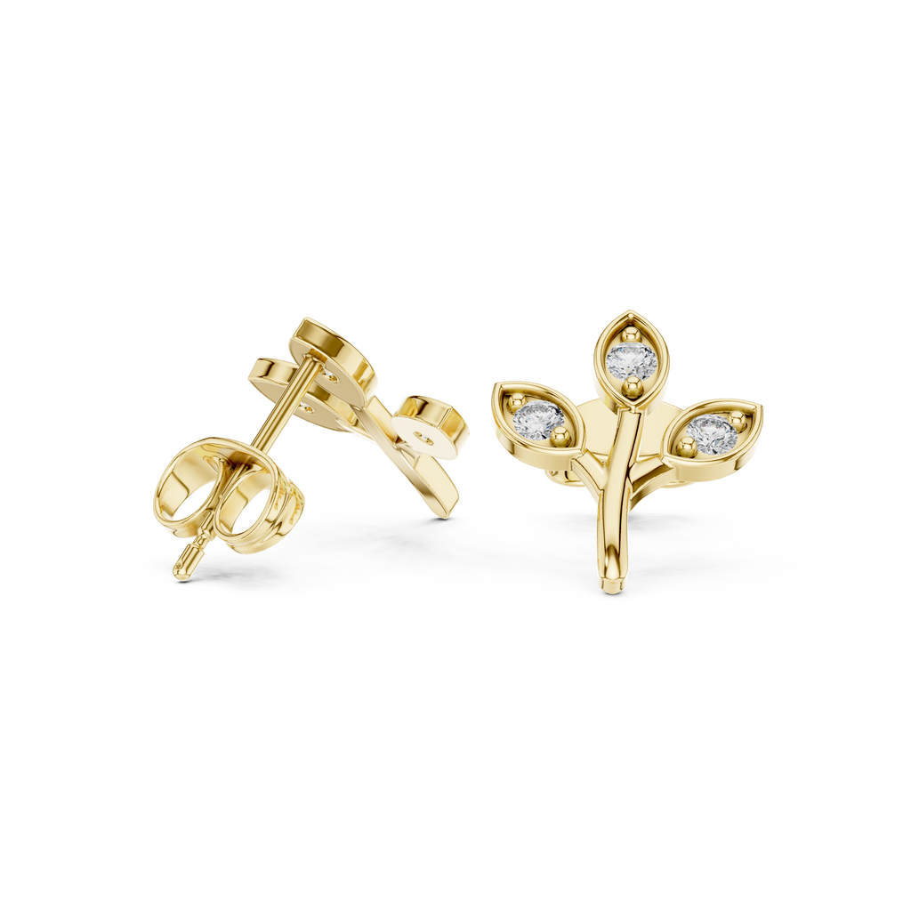 Leaf Shaped Stud Earrings With Round Diamond