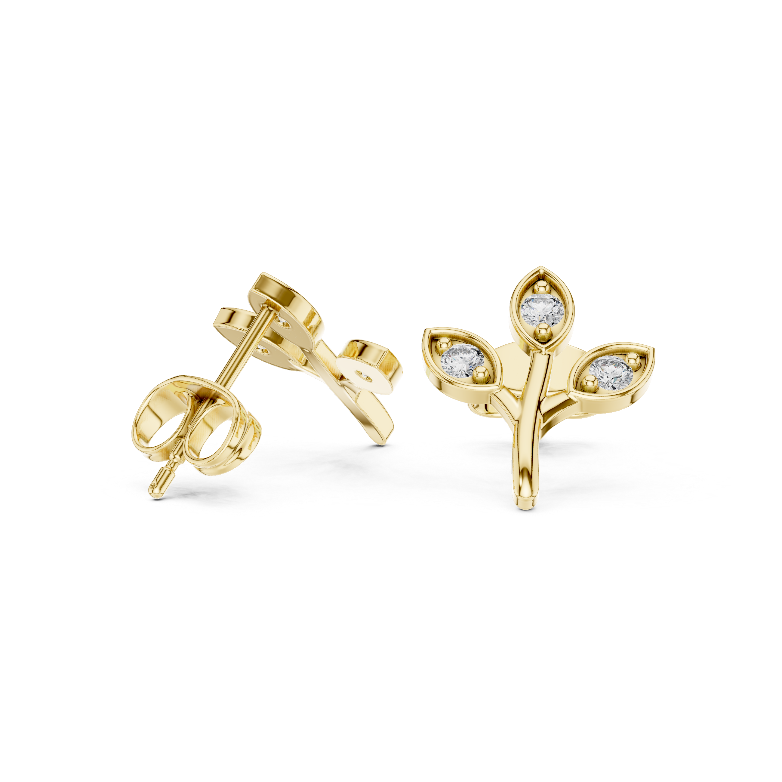 Leaf Shaped Stud Earrings With Round Diamond