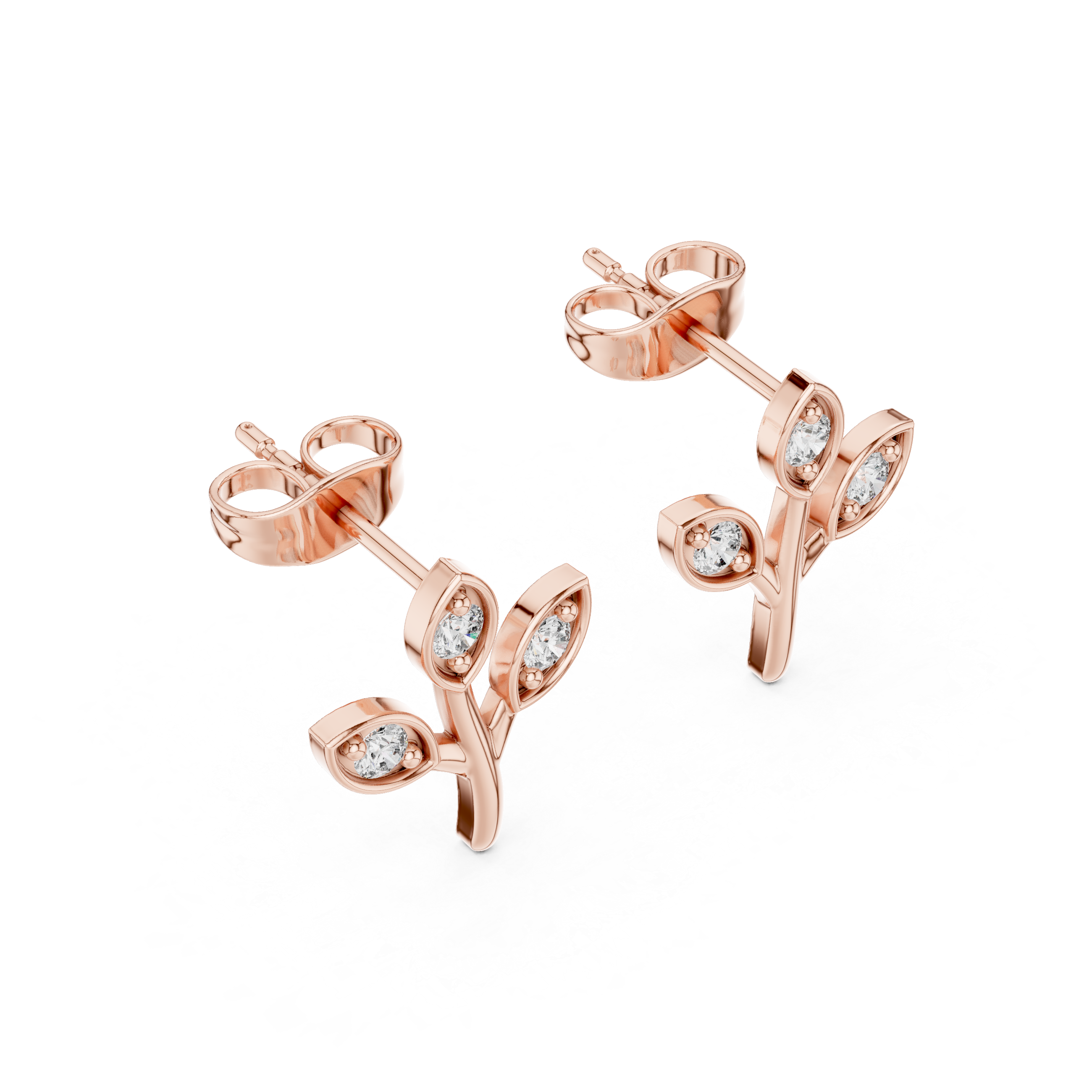 Leaf Shaped Stud Earrings With Round Diamond