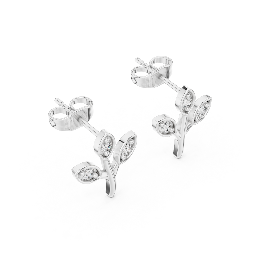 Leaf Shaped Stud Earrings With Round Diamond