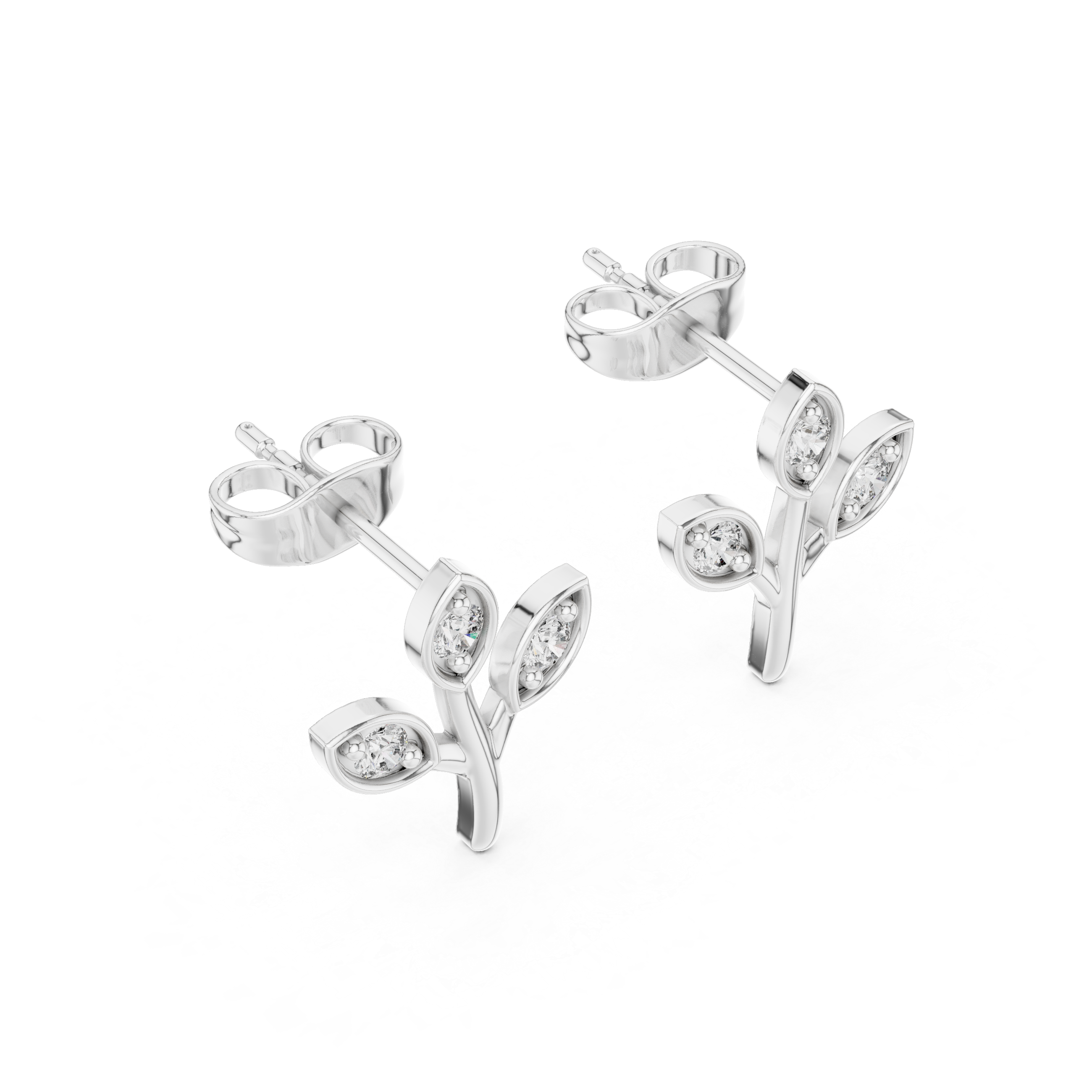 Leaf Shaped Stud Earrings With Round Diamond