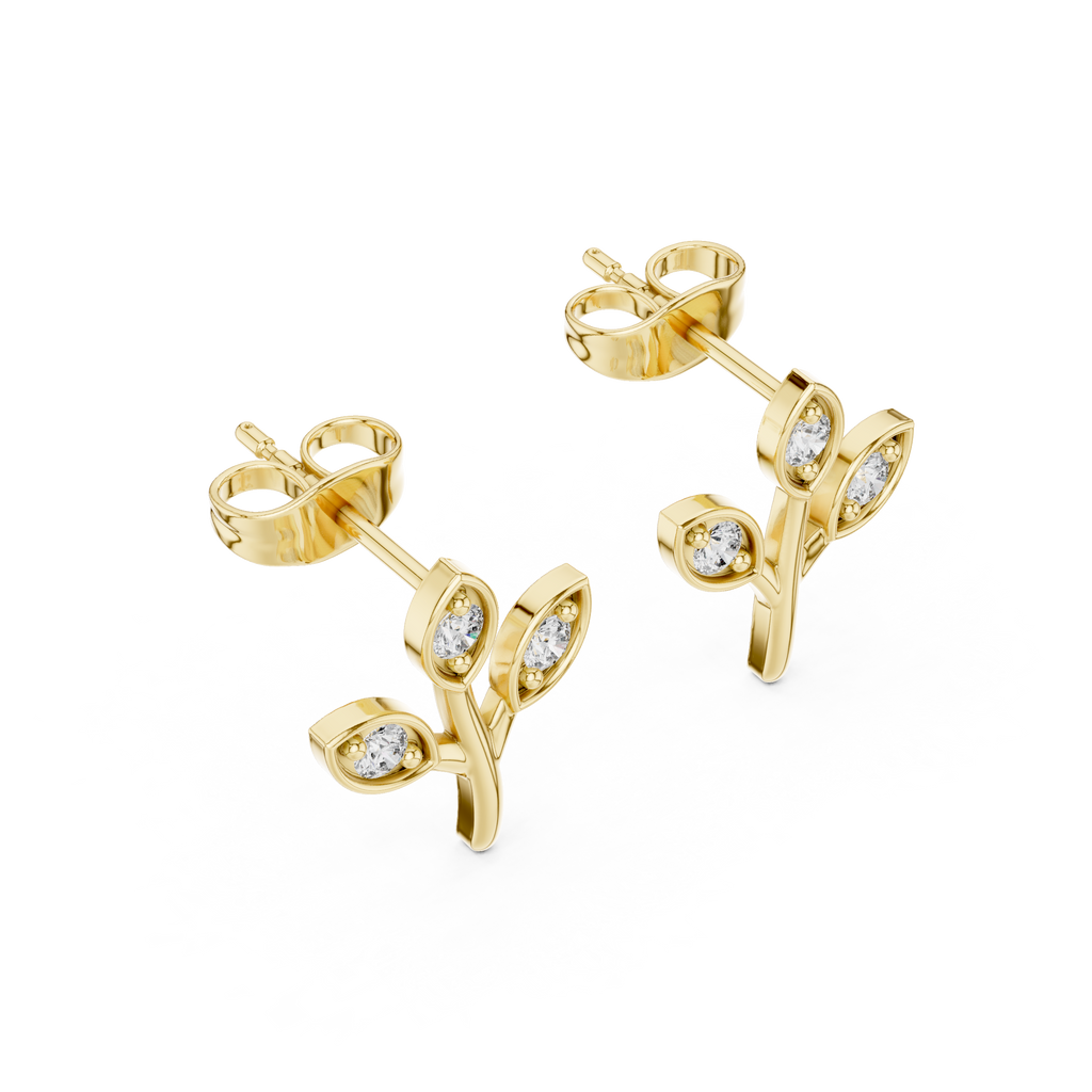 Leaf Shaped Stud Earrings With Round Diamond