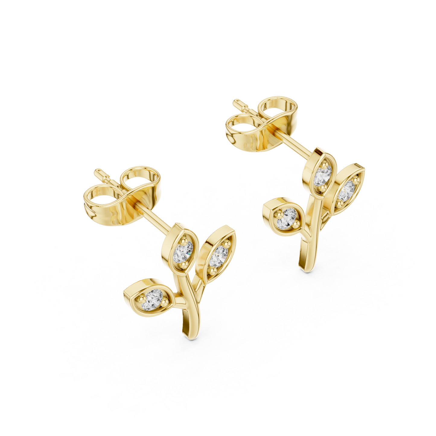 Leaf Shaped Stud Earrings With Round Diamond