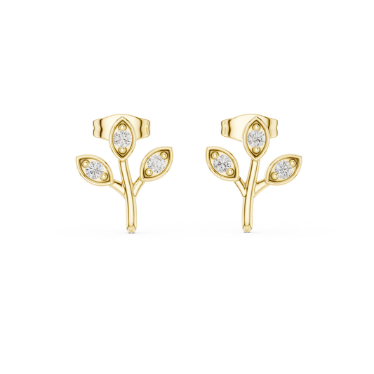 Leaf Shaped Stud Earrings With Round Diamond