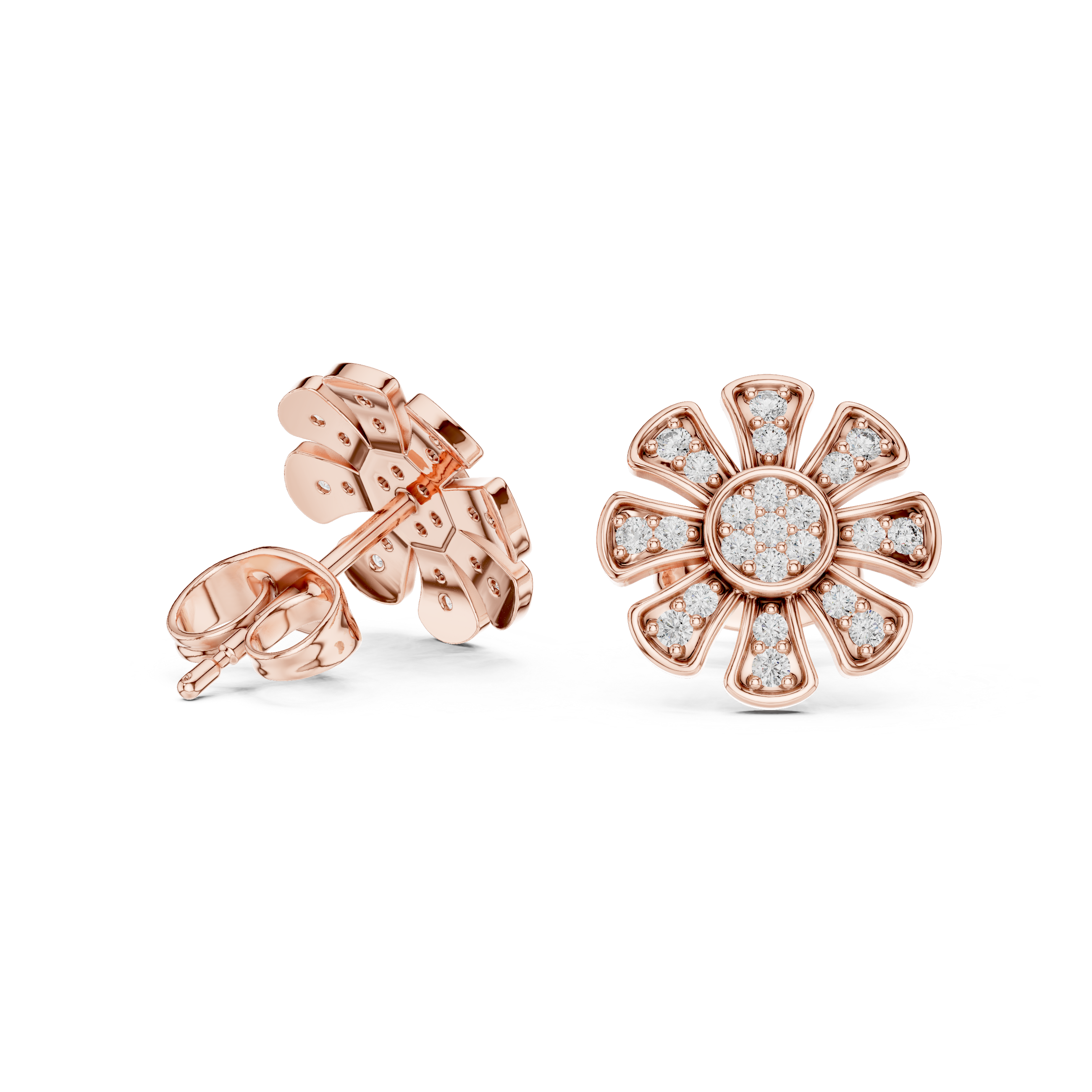 Unique Flower Stud Earrings With Round Cut Diamond