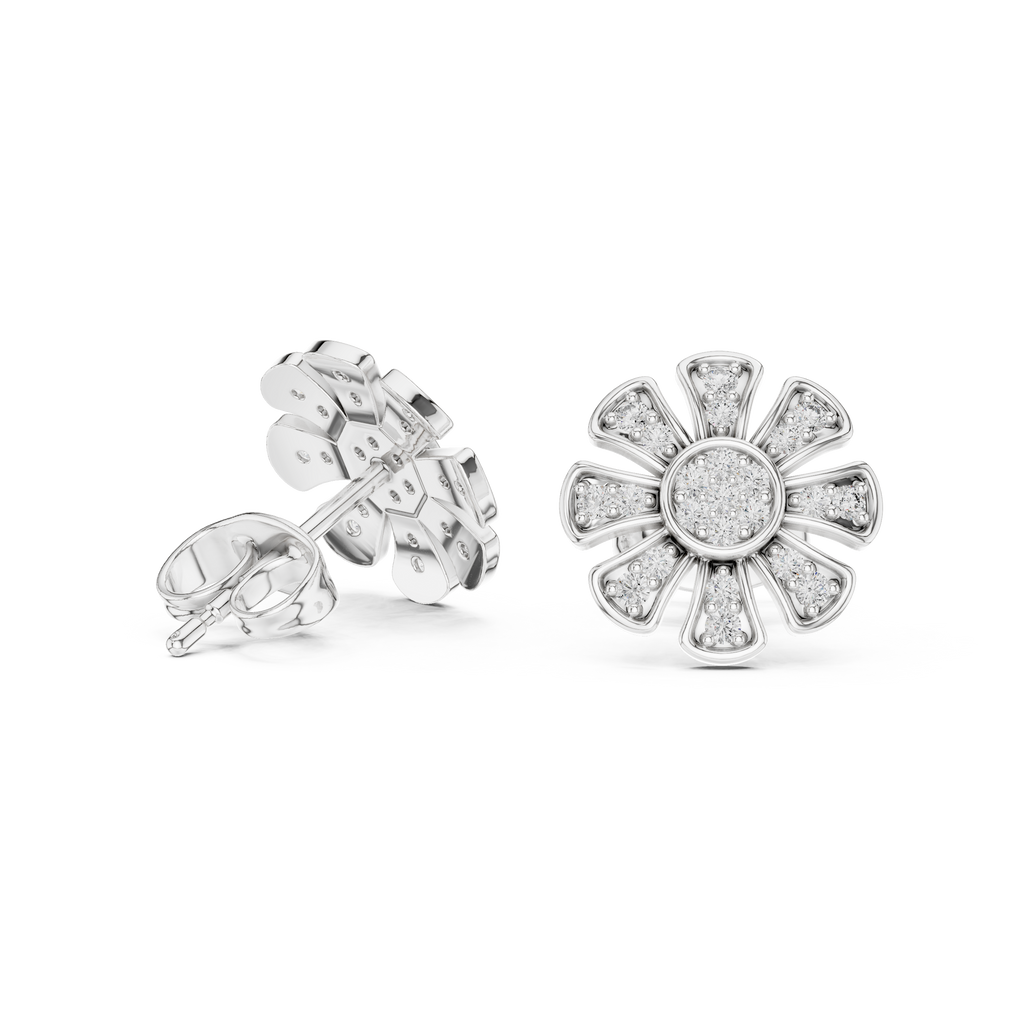 Unique Flower Stud Earrings With Round Cut Diamond