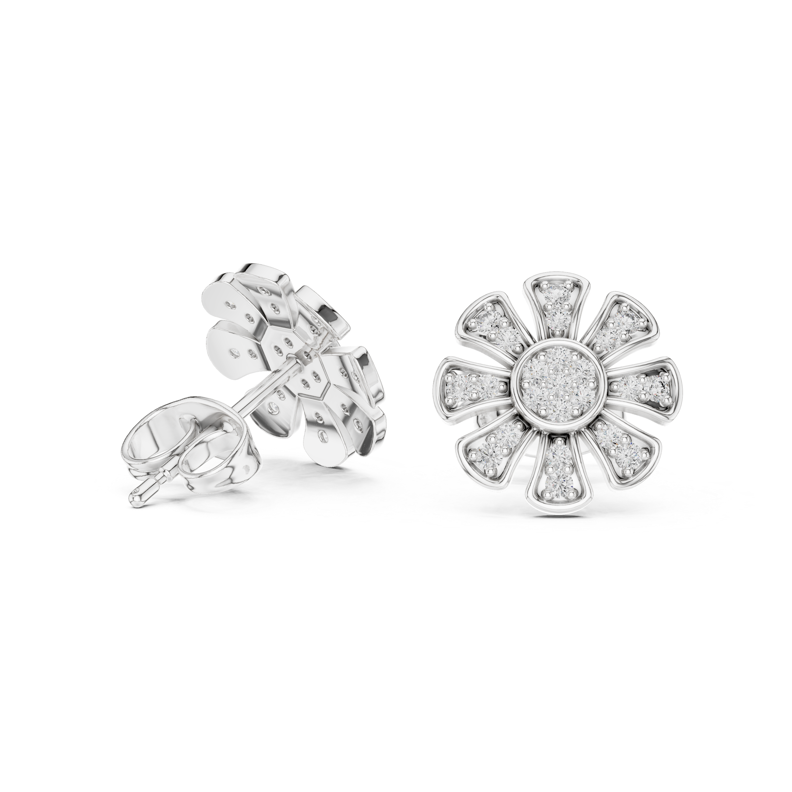 Unique Flower Stud Earrings With Round Cut Diamond
