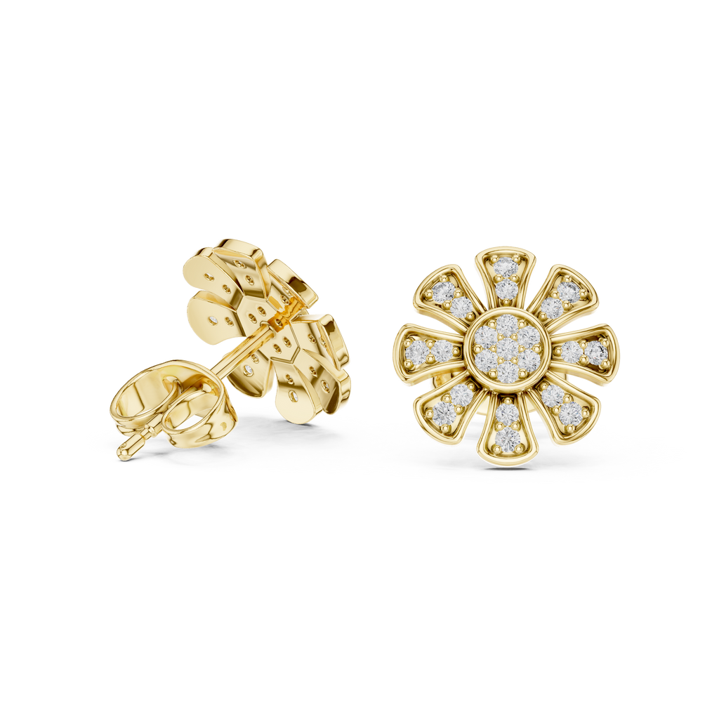 Unique Flower Stud Earrings With Round Cut Diamond