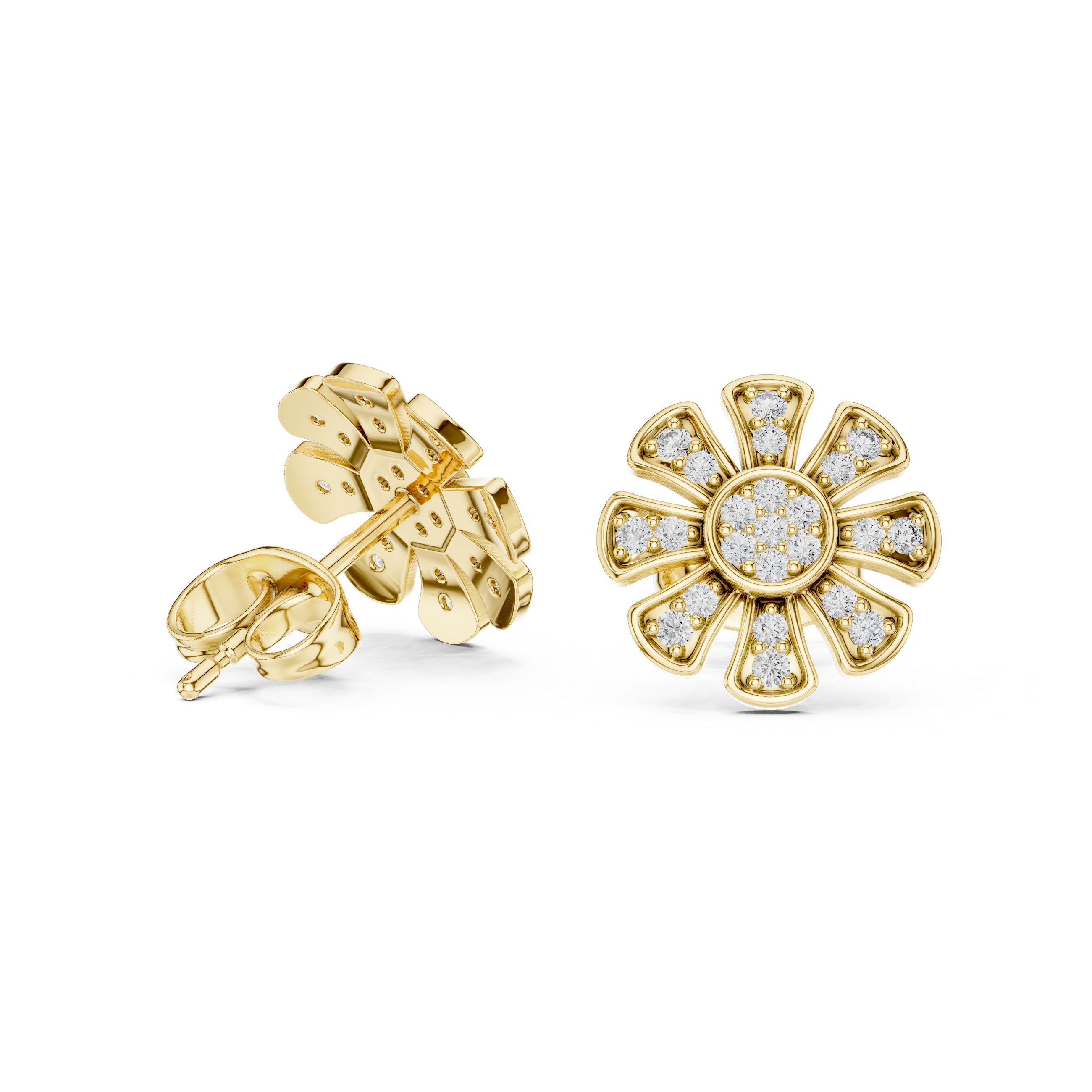 Unique Flower Stud Earrings With Round Cut Diamond