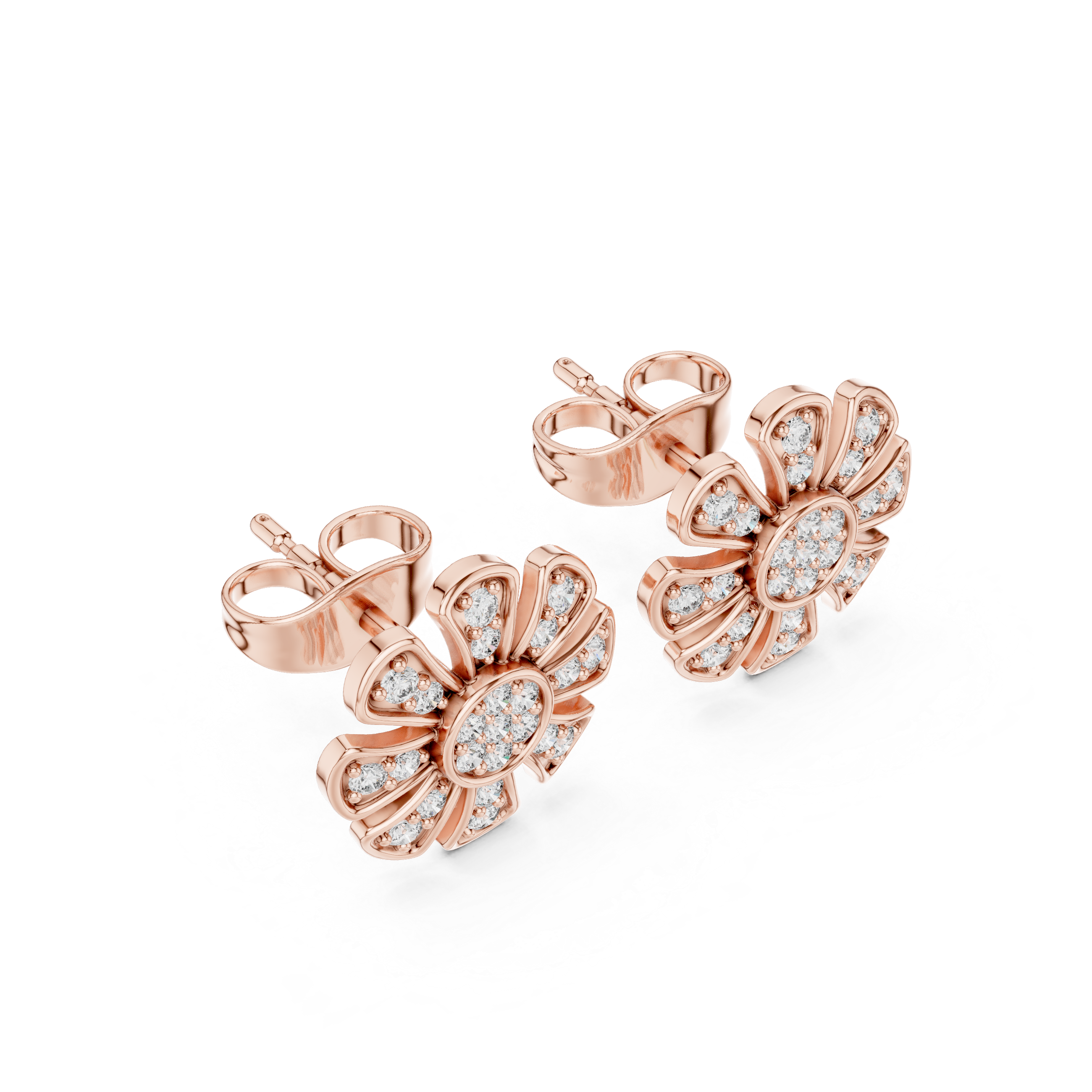 Unique Flower Stud Earrings With Round Cut Diamond