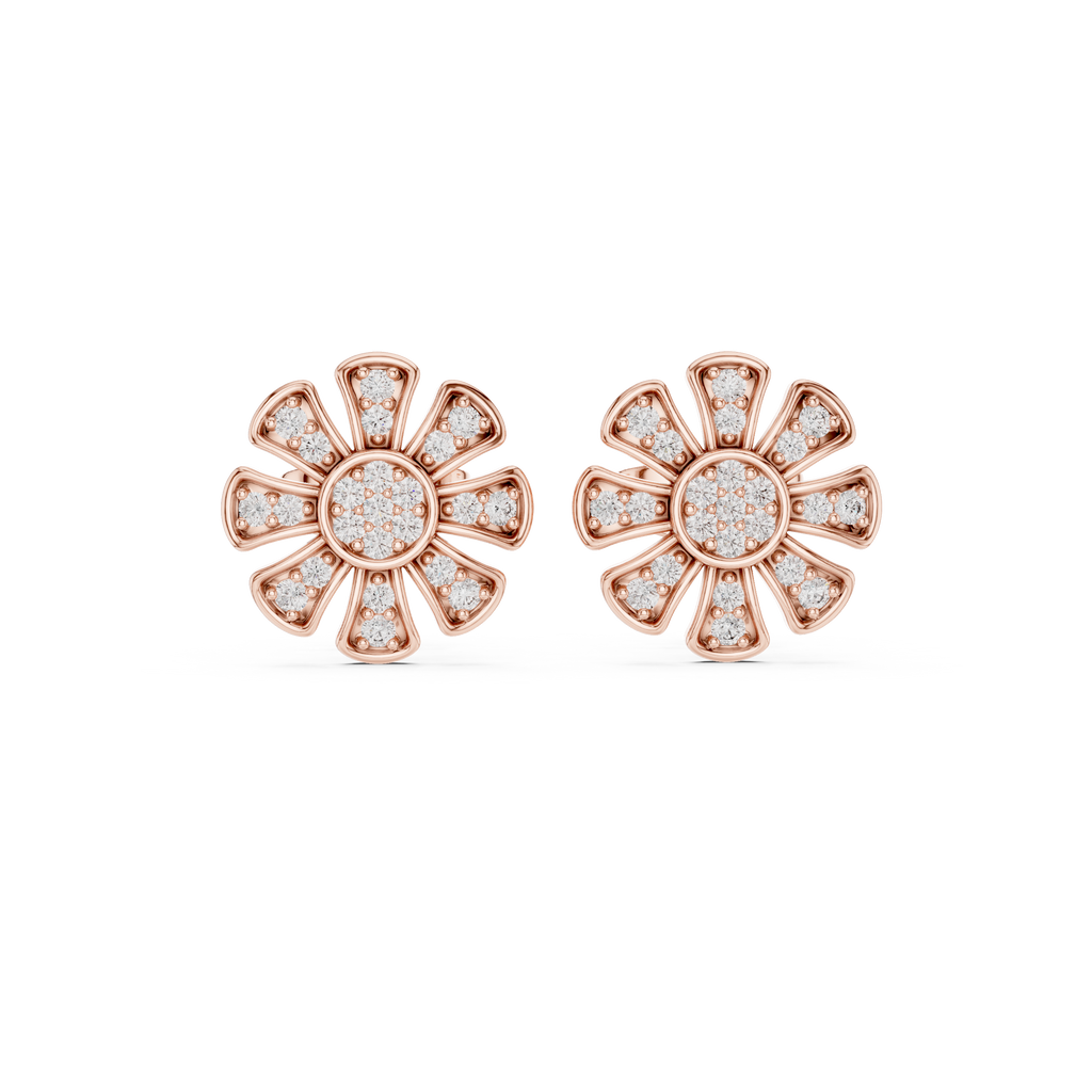 Unique Flower Stud Earrings With Round Cut Diamond
