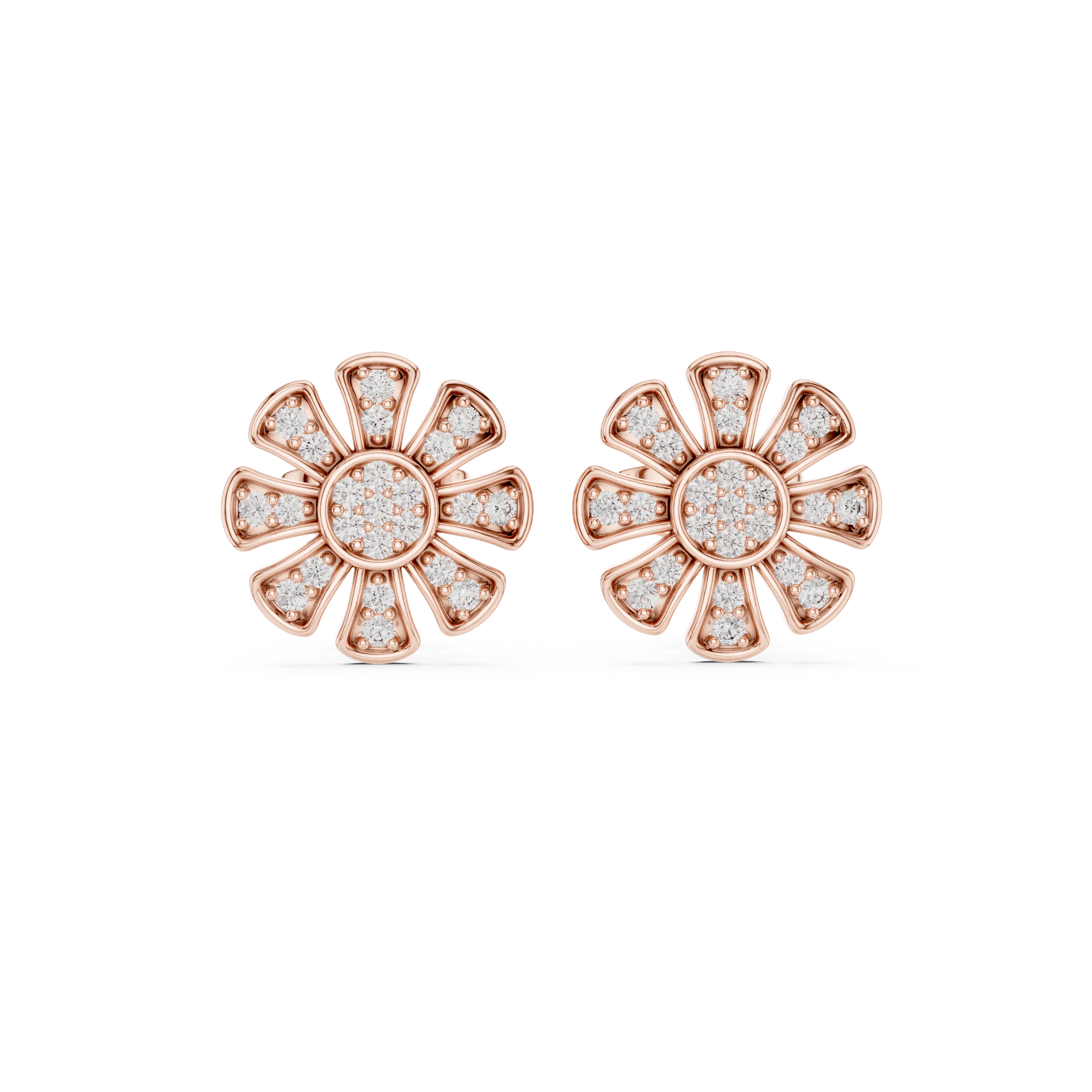 Unique Flower Stud Earrings With Round Cut Diamond