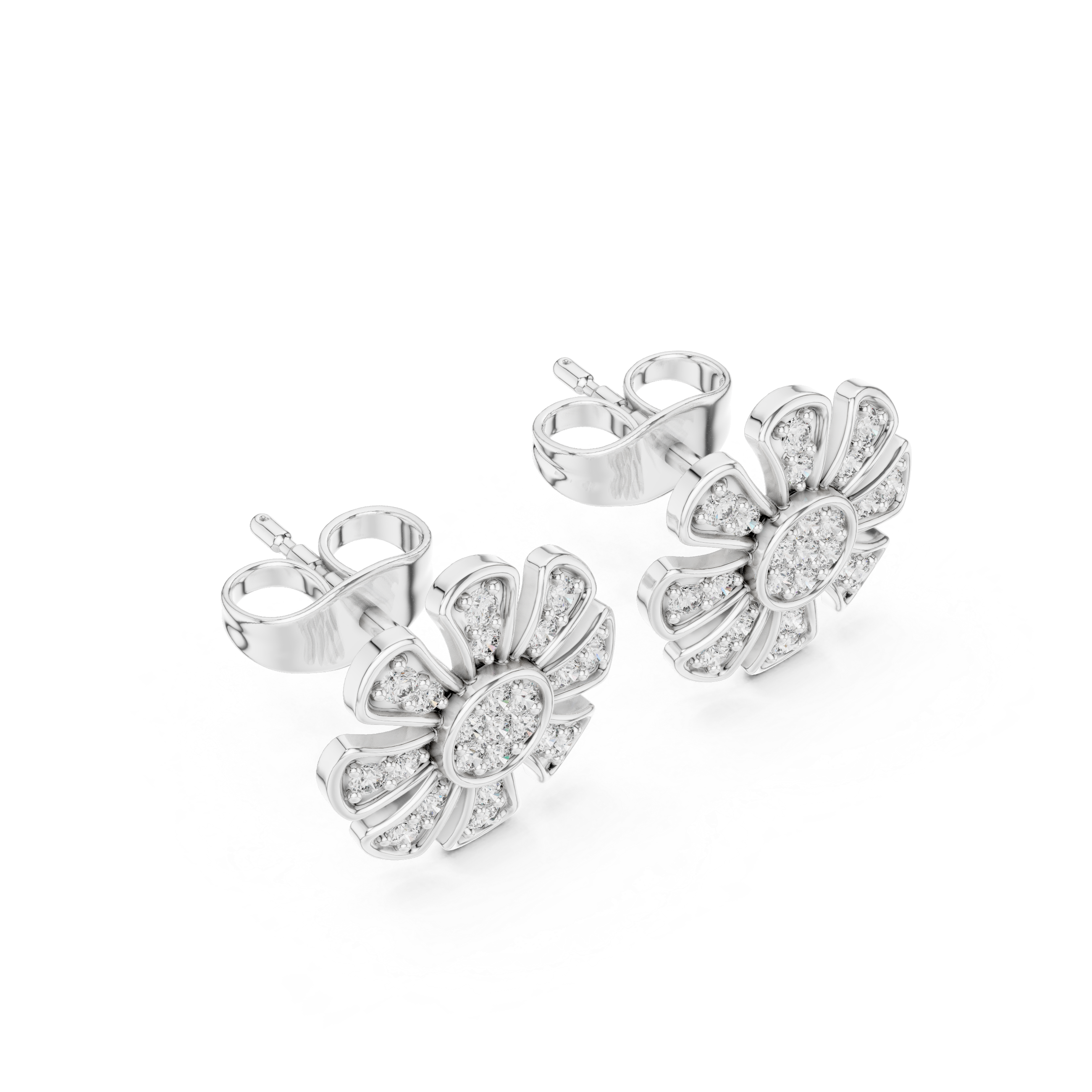 Unique Flower Stud Earrings With Round Cut Diamond