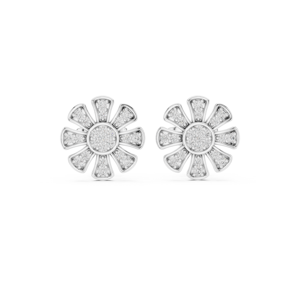 Unique Flower Stud Earrings With Round Cut Diamond