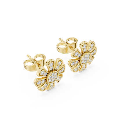 Unique Flower Stud Earrings With Round Cut Diamond