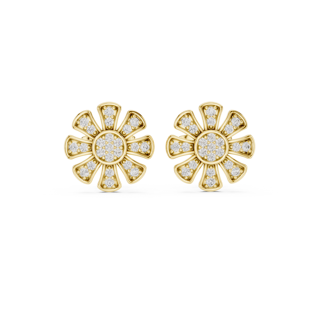 Unique Flower Stud Earrings With Round Cut Diamond