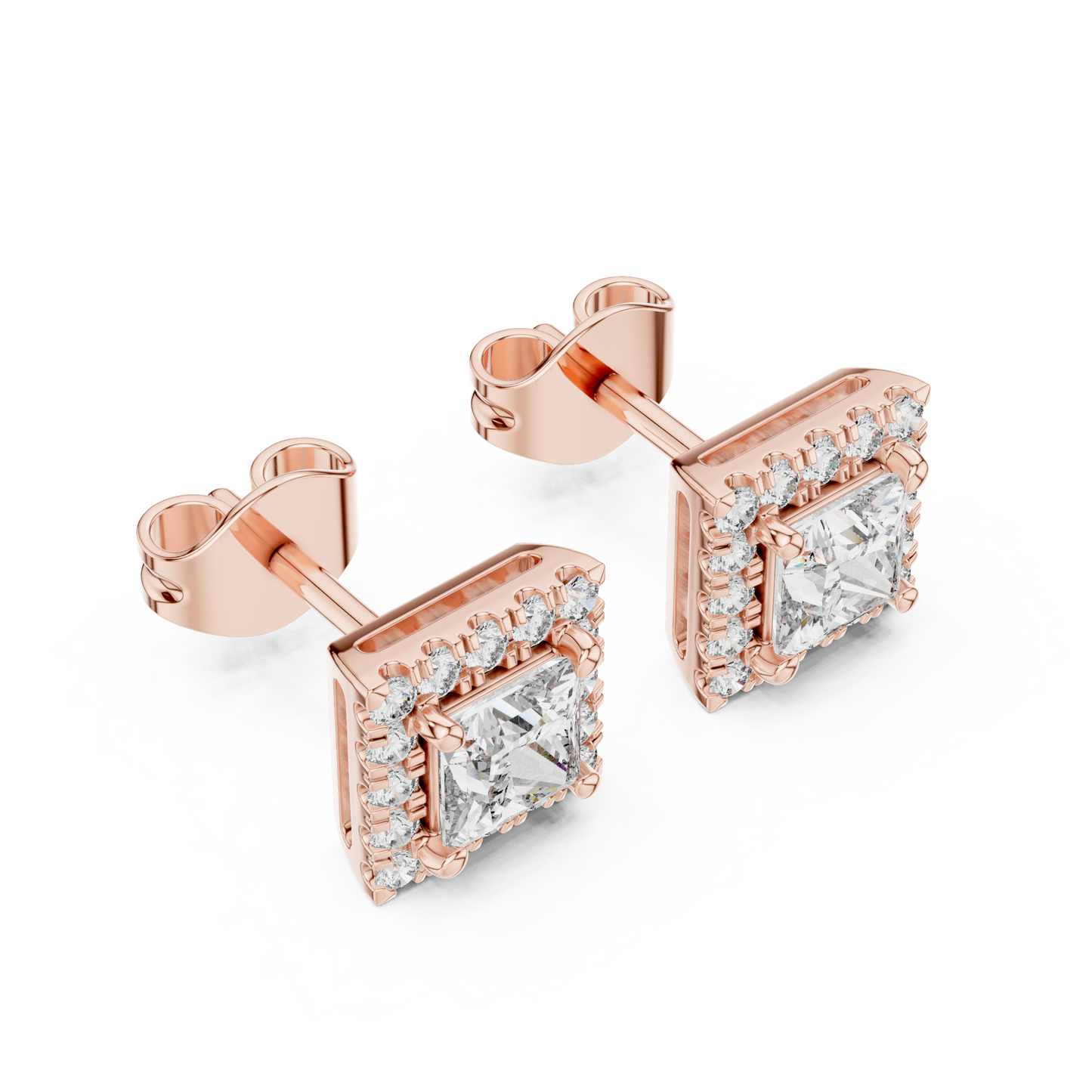1 Carat Princess Cut Diamond Halo Stud Earrings
